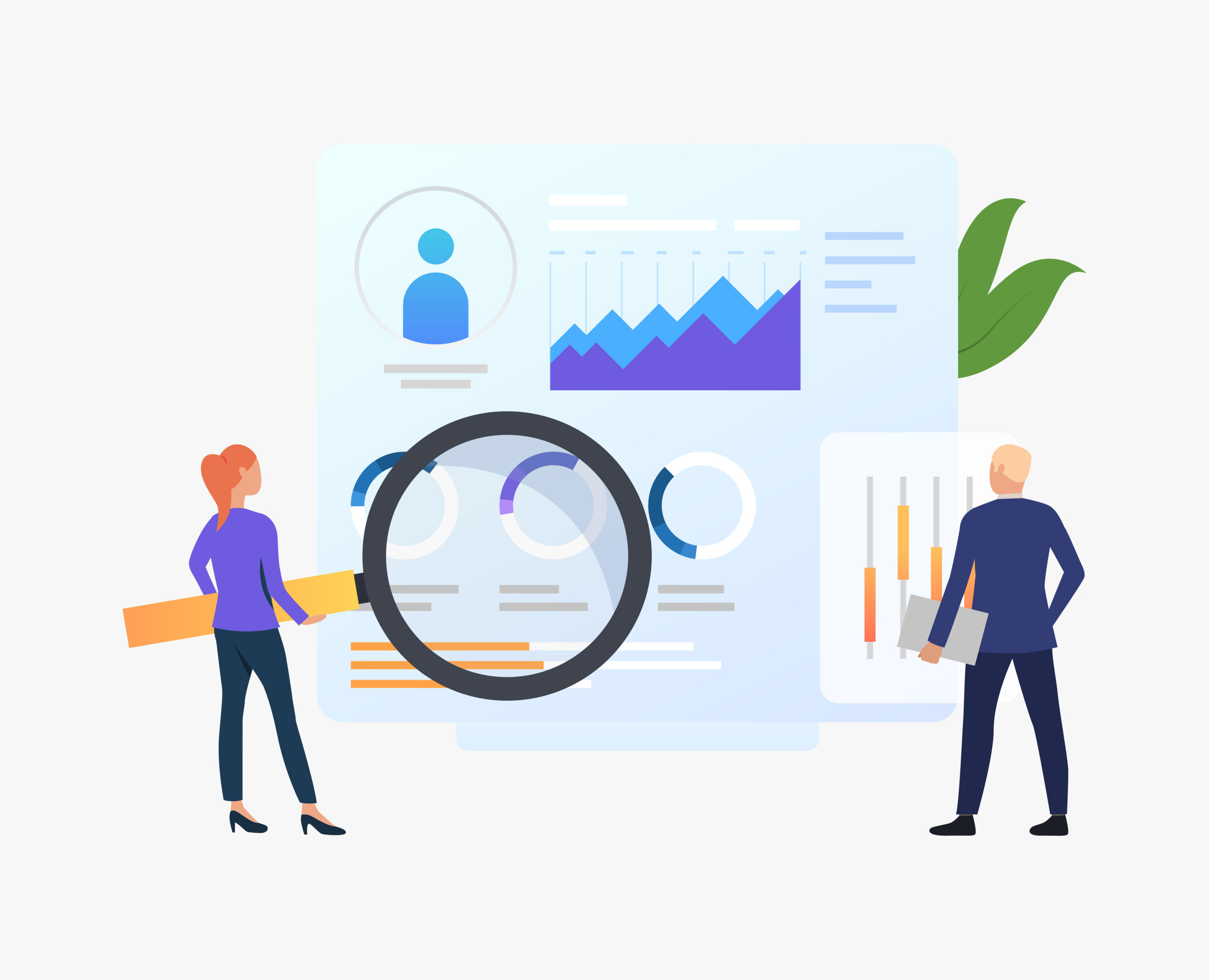 Businesspeople with magnifying glass at charts vector illustration. Business research, analysis, audit. Marketing concept. Creative design for layouts, web pages, banners
