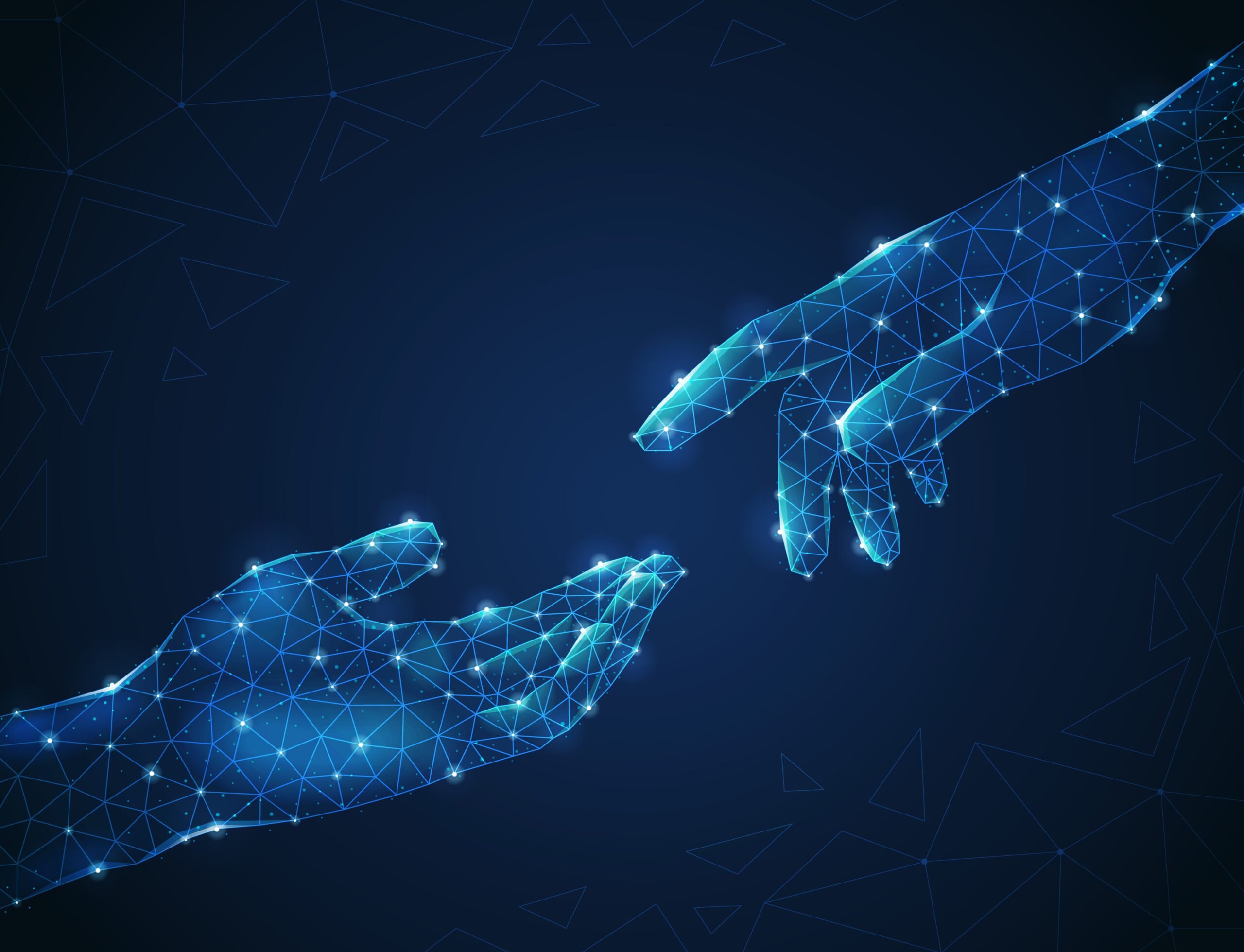 Two luminescent polygonal wireframe human hands stretching towards each other on blue background abstract vector illustration SSUCv3H4sIAAAAAAACA21Ru27DMAz8FUKz0bTo5q0FggKdgjRb0IGWGVuILAYSZScI/O+l8mgzdCOP5PF4PJsGk7OmPhvnfU4SURwHU79UhlonHB16Uz/PlUmCkhMl7dXMolCn1Ut+J9meC25q89YUJitGx3KjwDvafRc5hzaZubq3PaCLDR0lR6X7d+S7MthRsKeyXddH8oQXMVst7SehONyUja4lvoaYW1dCM7JFr/XXolyv5KGgXcRD72x0I8WSt5SsBmYzMfg8uKA5BYED+1PHAT1MLtIu4kDQ5wED9KjqQG8lsb0LHQhPGBUitD2w9BSBAzQ+EzS/9wDe7IGRrFoMj9Y/wVJ9x8YTLFdfoAtgTaFVIhfgc/UBO44DFmflWDw01c3MK1daWA6WDpLRL/DvDbzXn87z/ANukmVc8QEAAA==